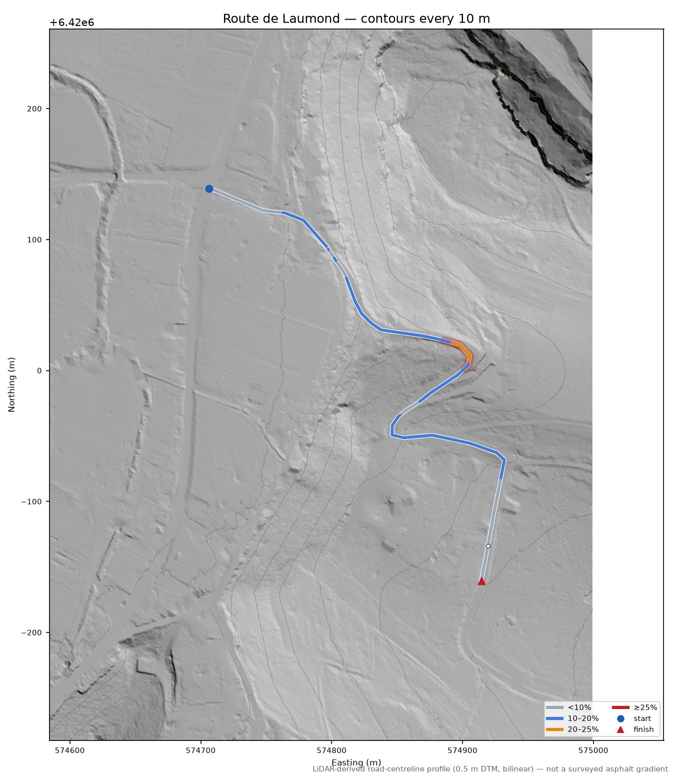 Route de Laumond LiDAR hillshade map with contours