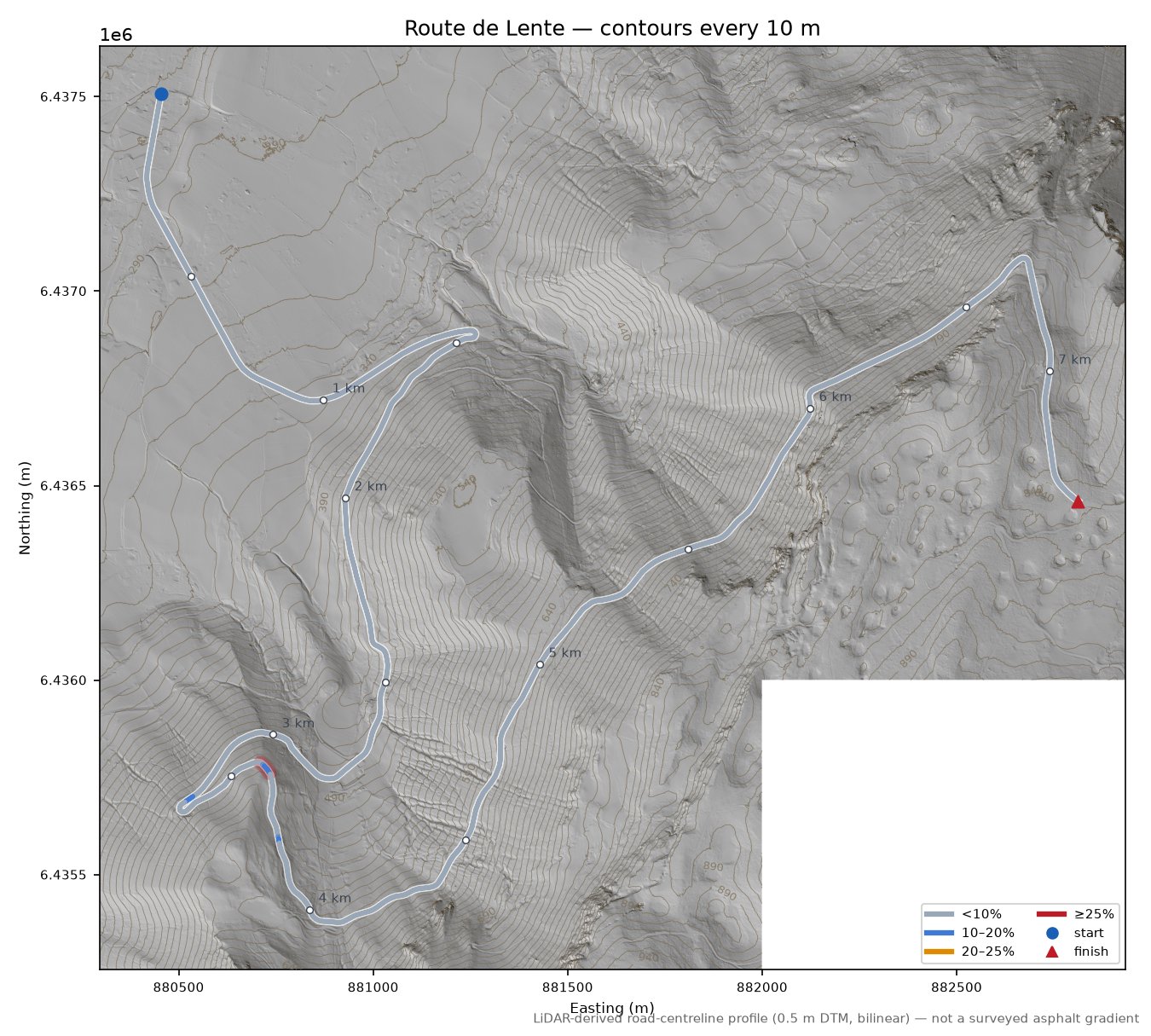 Route de Lente LiDAR hillshade map with contours