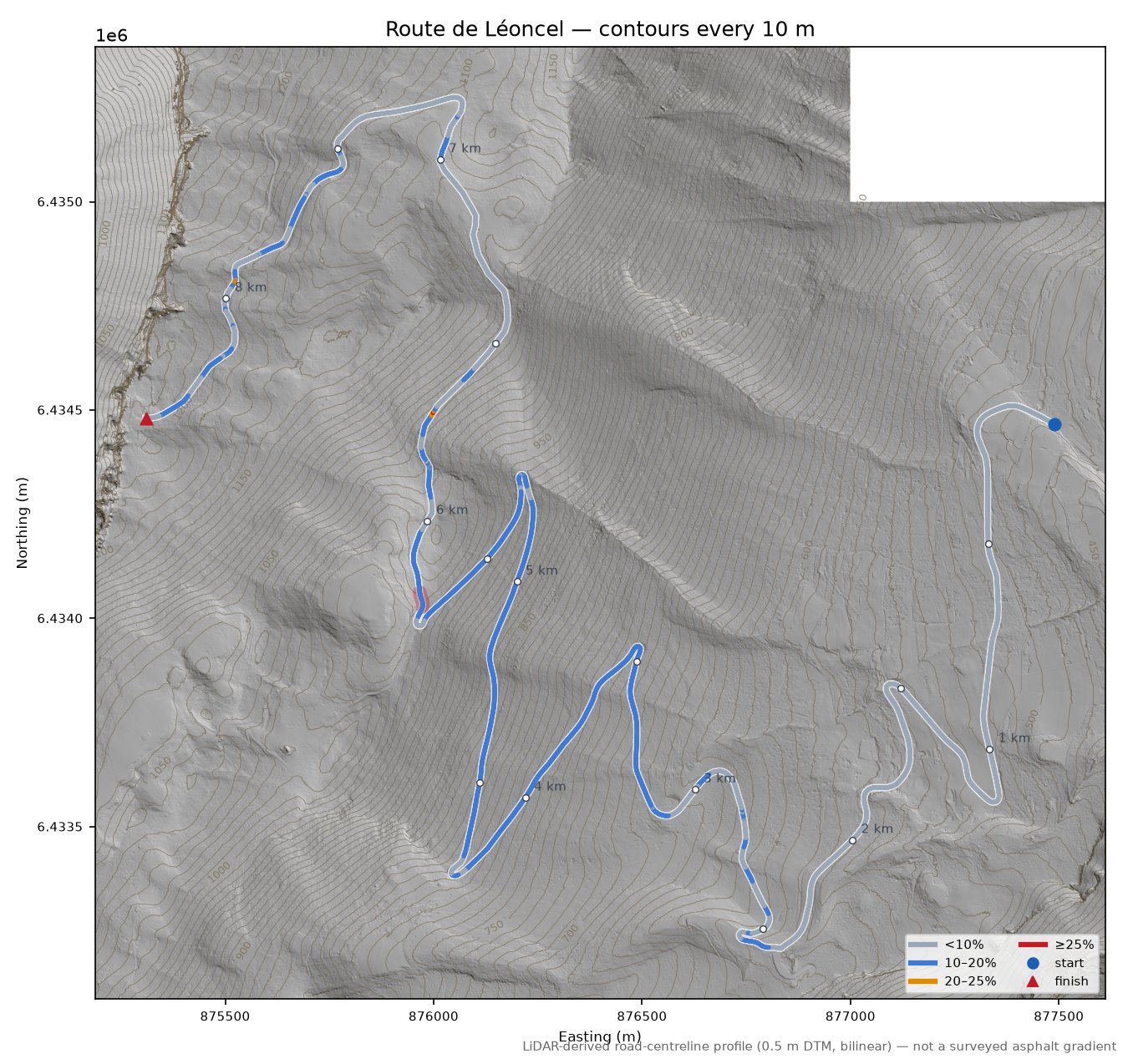 Route de Léoncel LiDAR hillshade map with contours