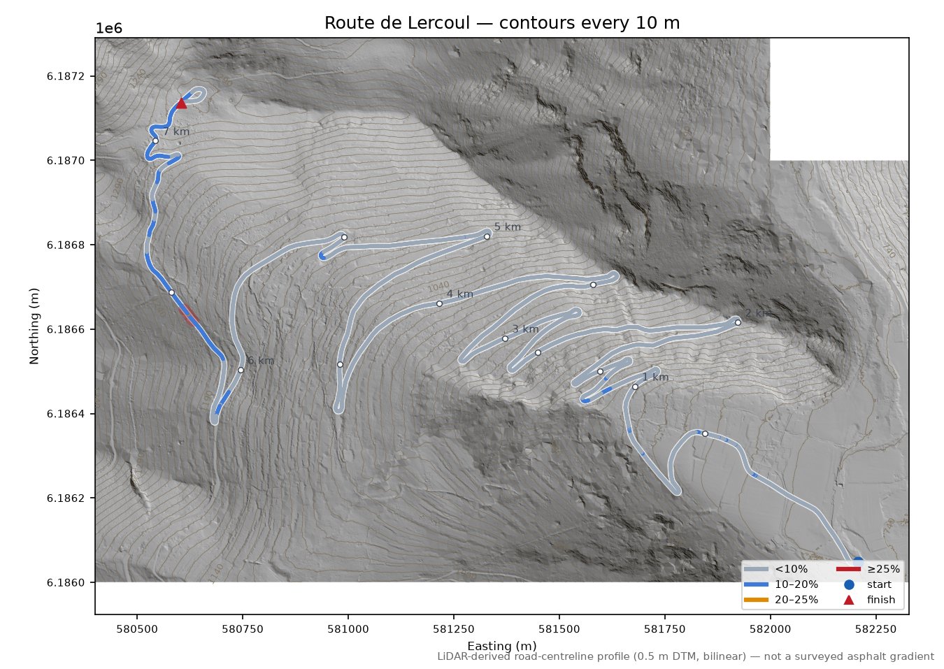 Route de Lercoul LiDAR hillshade map with contours