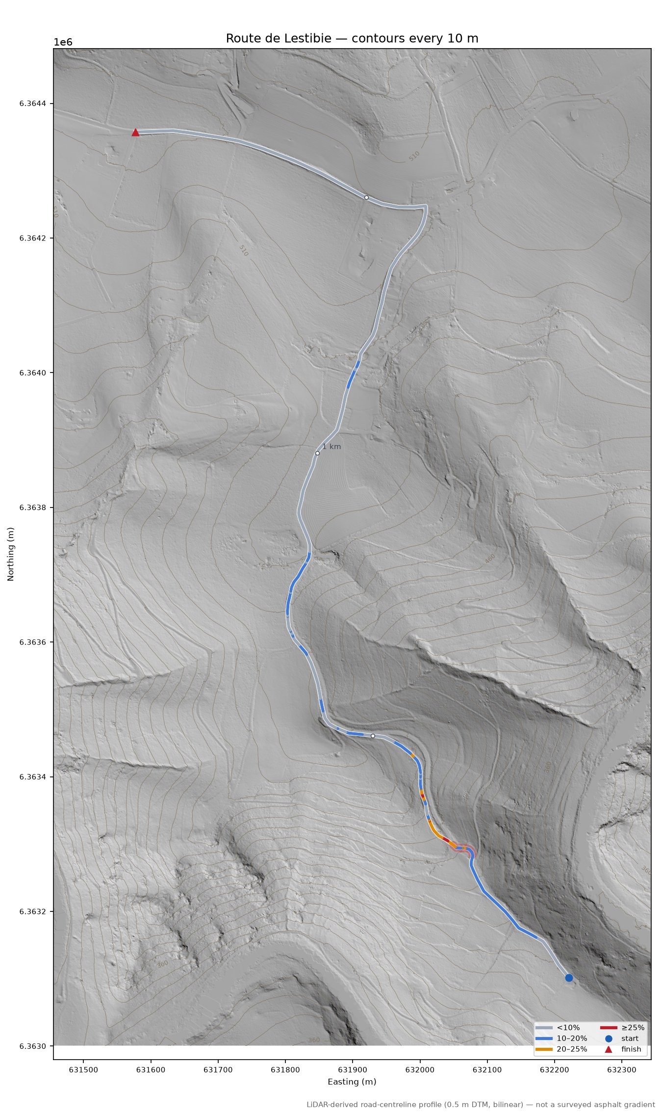 Route de Lestibie LiDAR hillshade map with contours