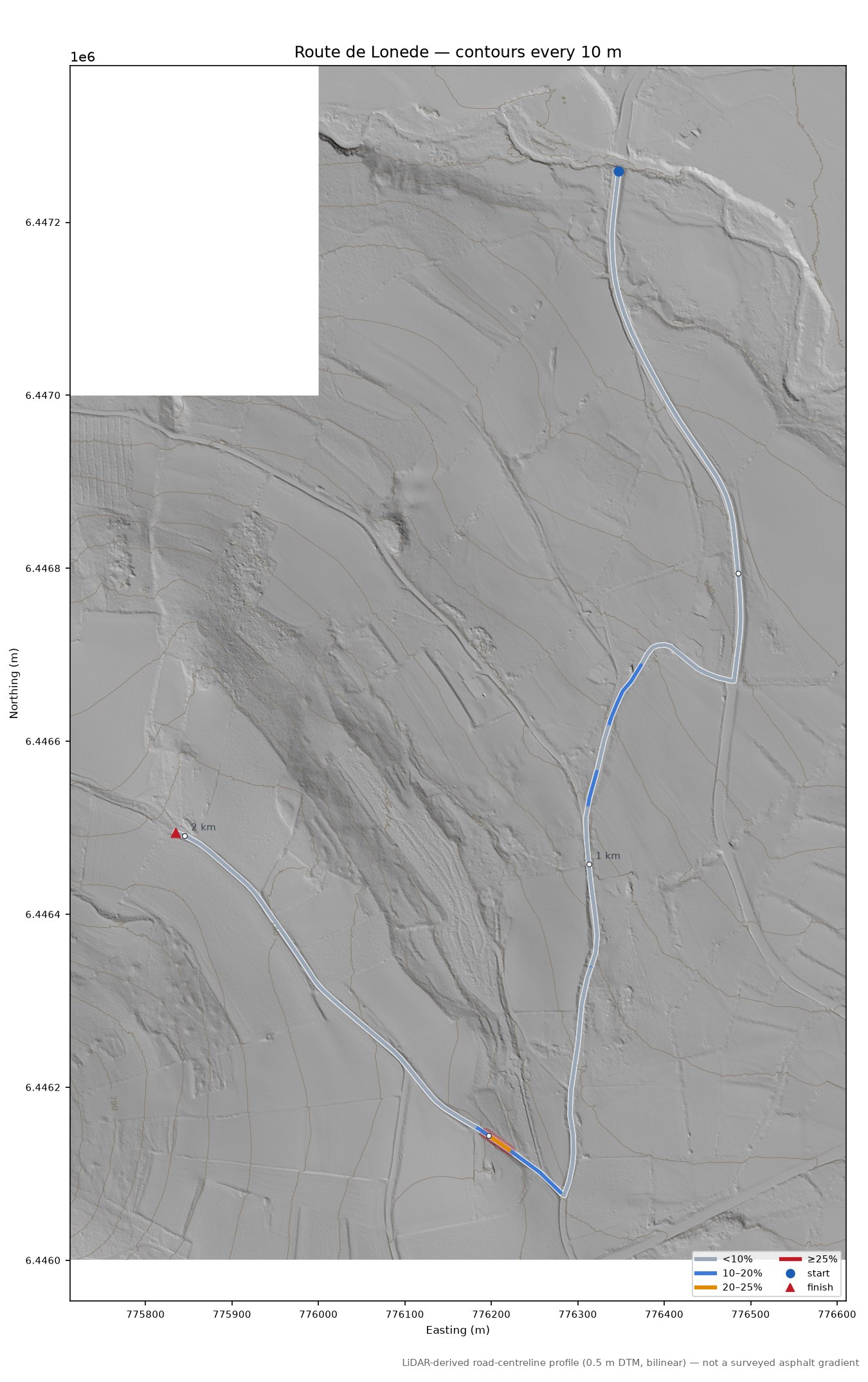 Route de Lonede LiDAR hillshade map with contours