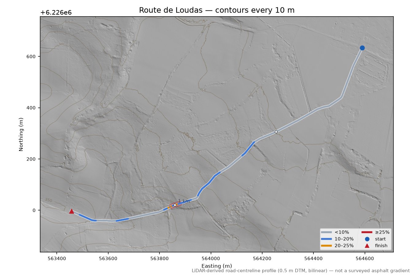 Route de Loudas LiDAR hillshade map with contours