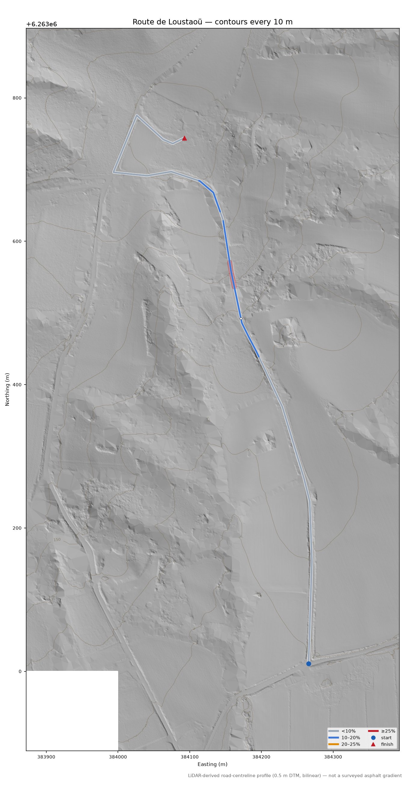 Route de Loustaoü LiDAR hillshade map with contours