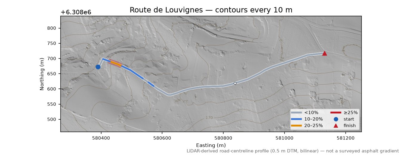 Route de Louvignes LiDAR hillshade map with contours
