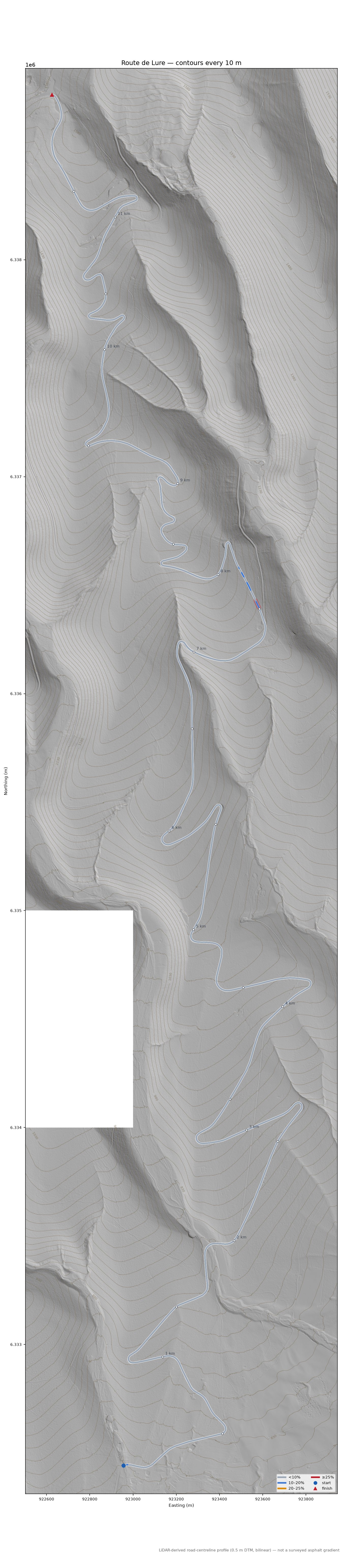 Route de Lure LiDAR hillshade map with contours