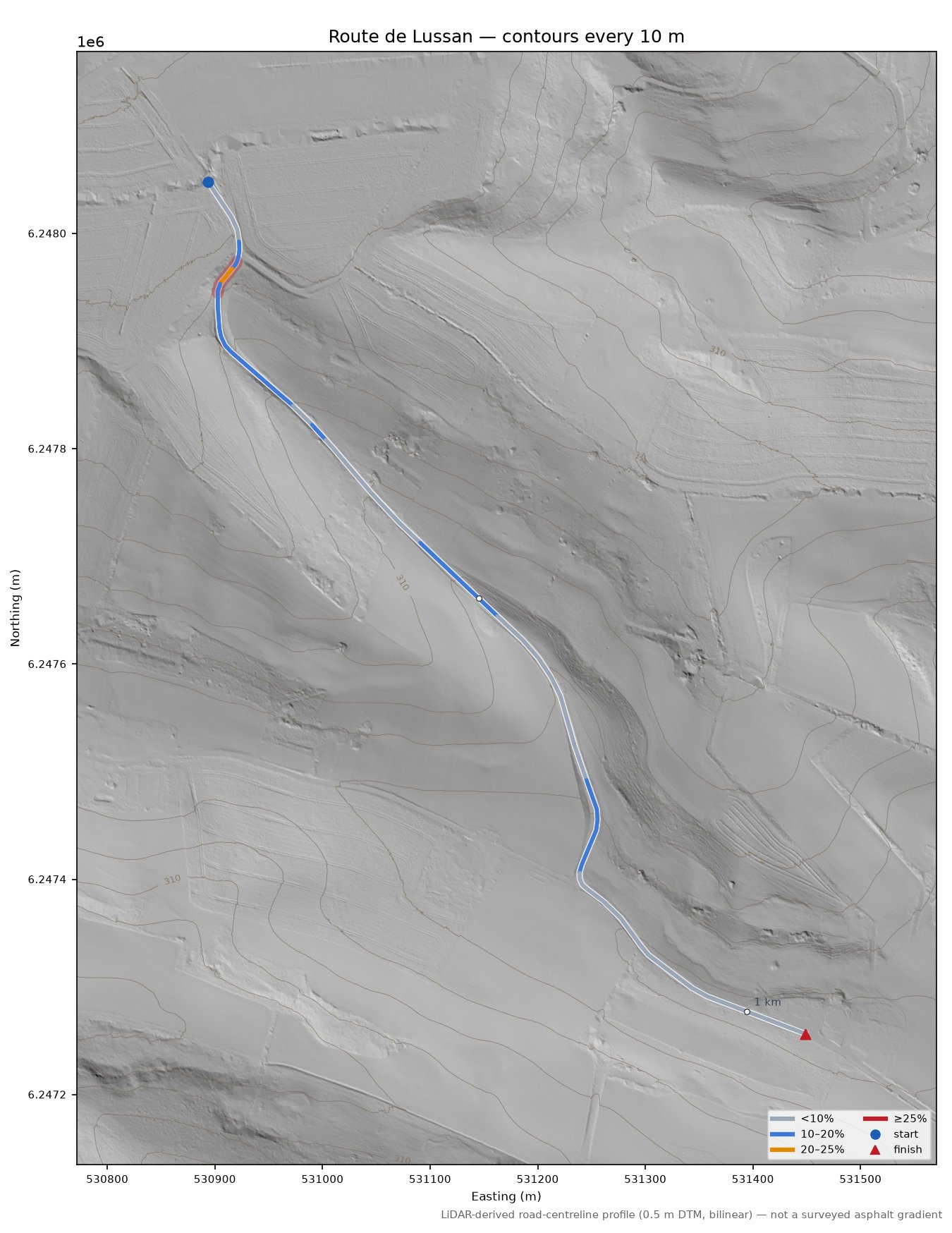 Route de Lussan LiDAR hillshade map with contours