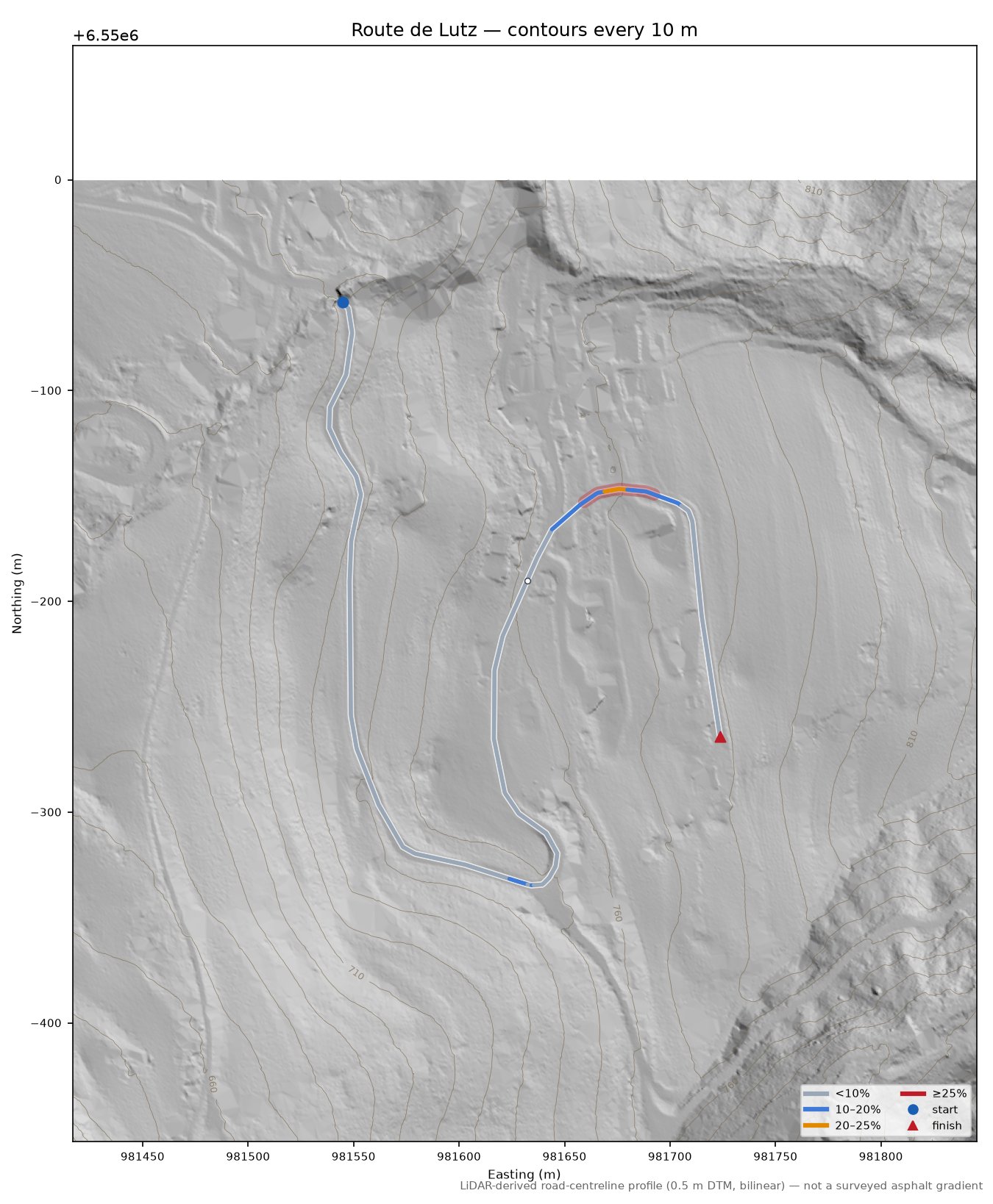 Route de Lutz LiDAR hillshade map with contours