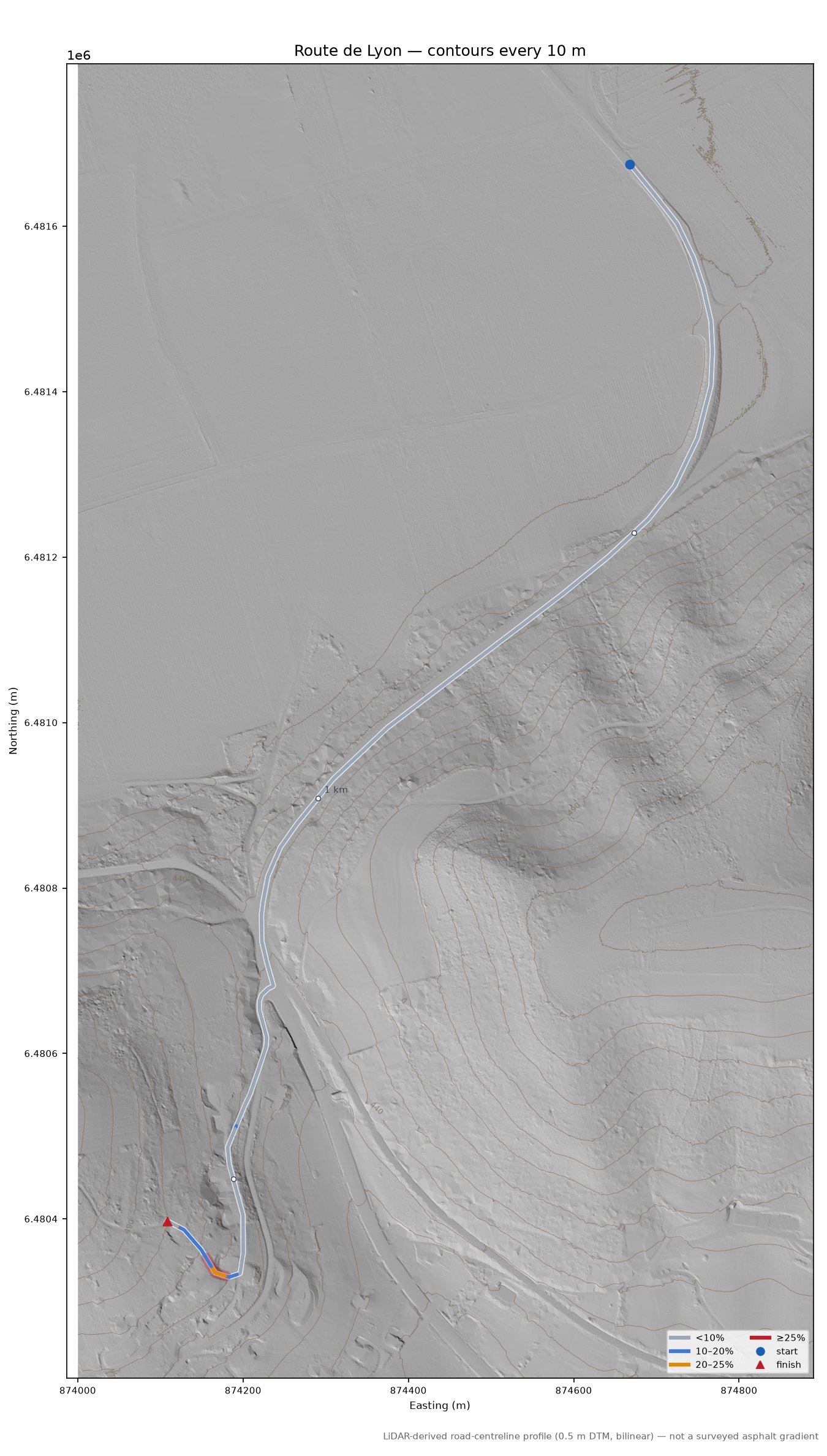 Route de Lyon LiDAR hillshade map with contours