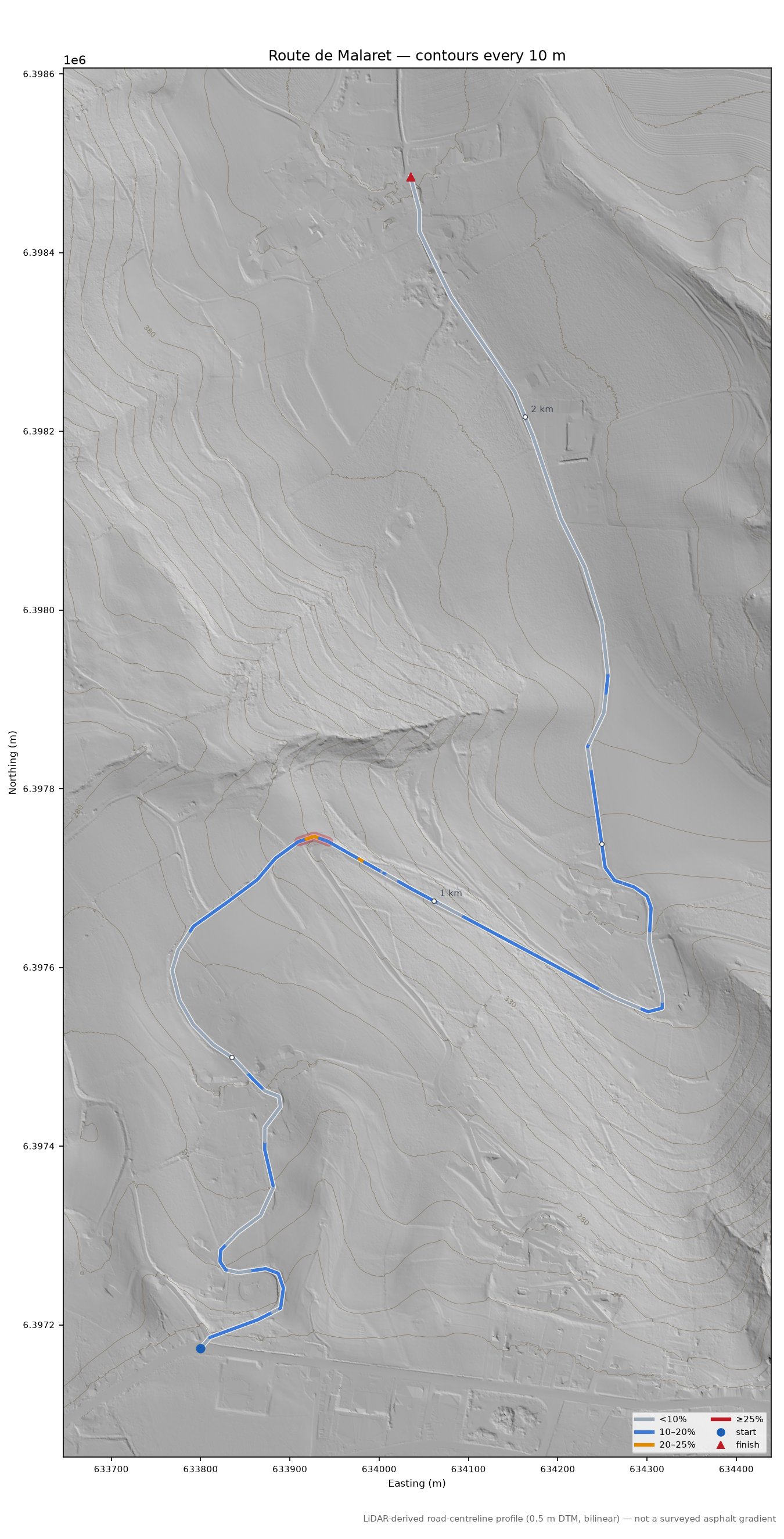 Route de Malaret LiDAR hillshade map with contours