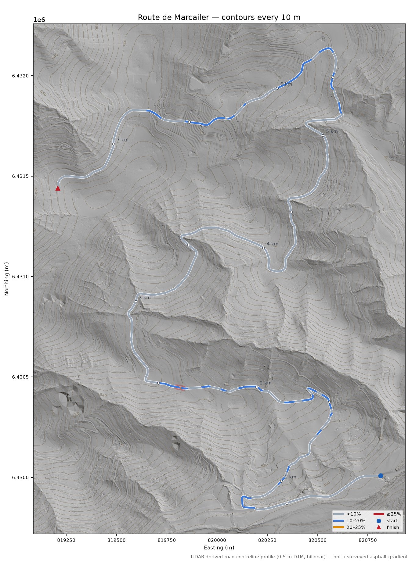 Route de Marcailer LiDAR hillshade map with contours