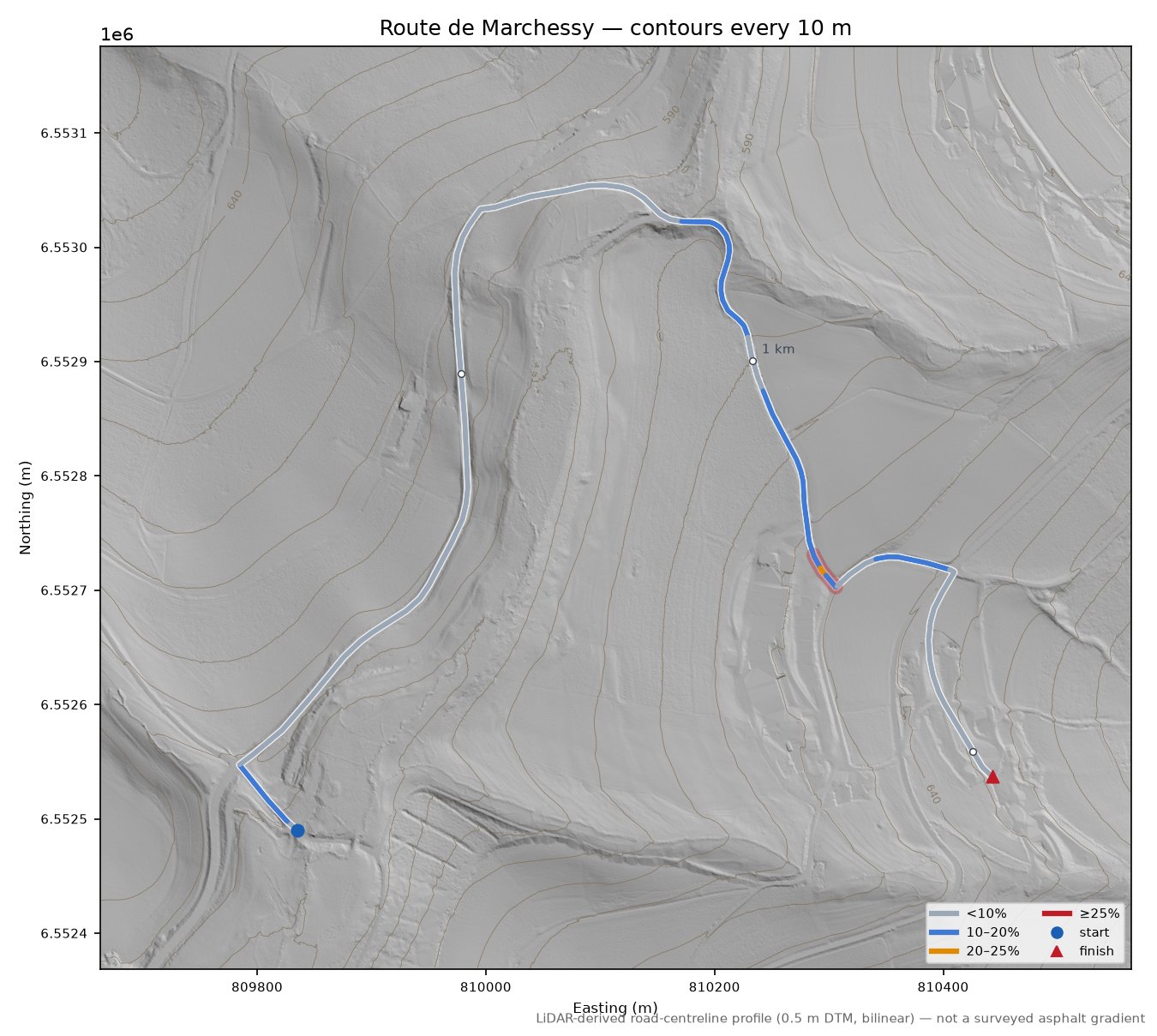 Route de Marchessy LiDAR hillshade map with contours