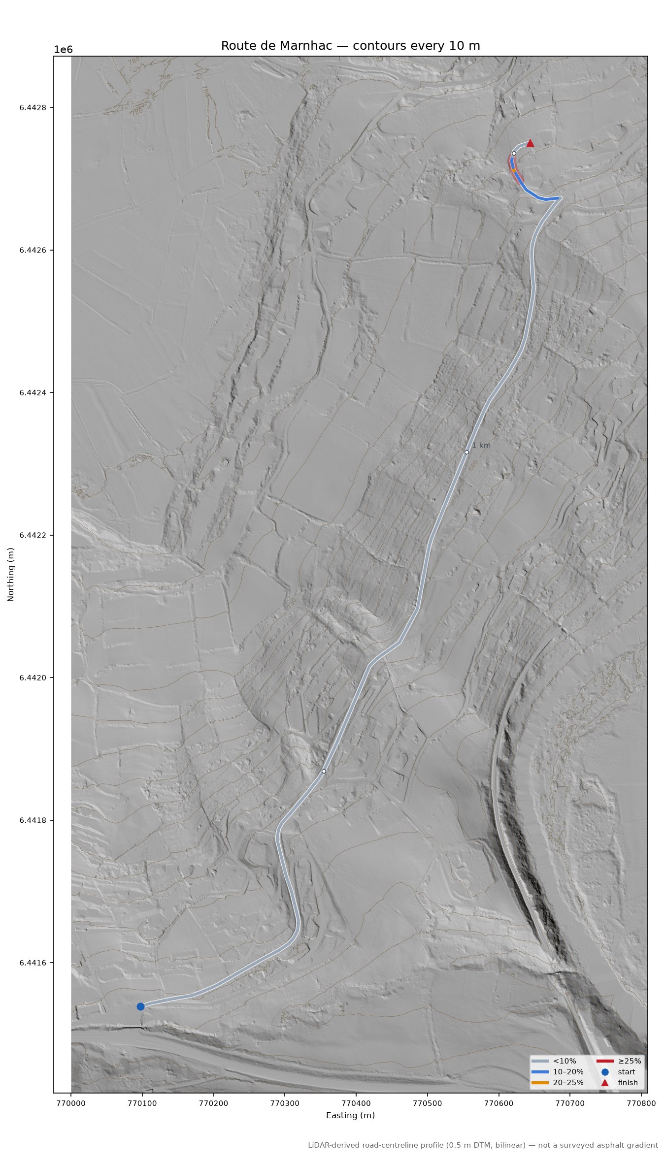 Route de Marnhac LiDAR hillshade map with contours