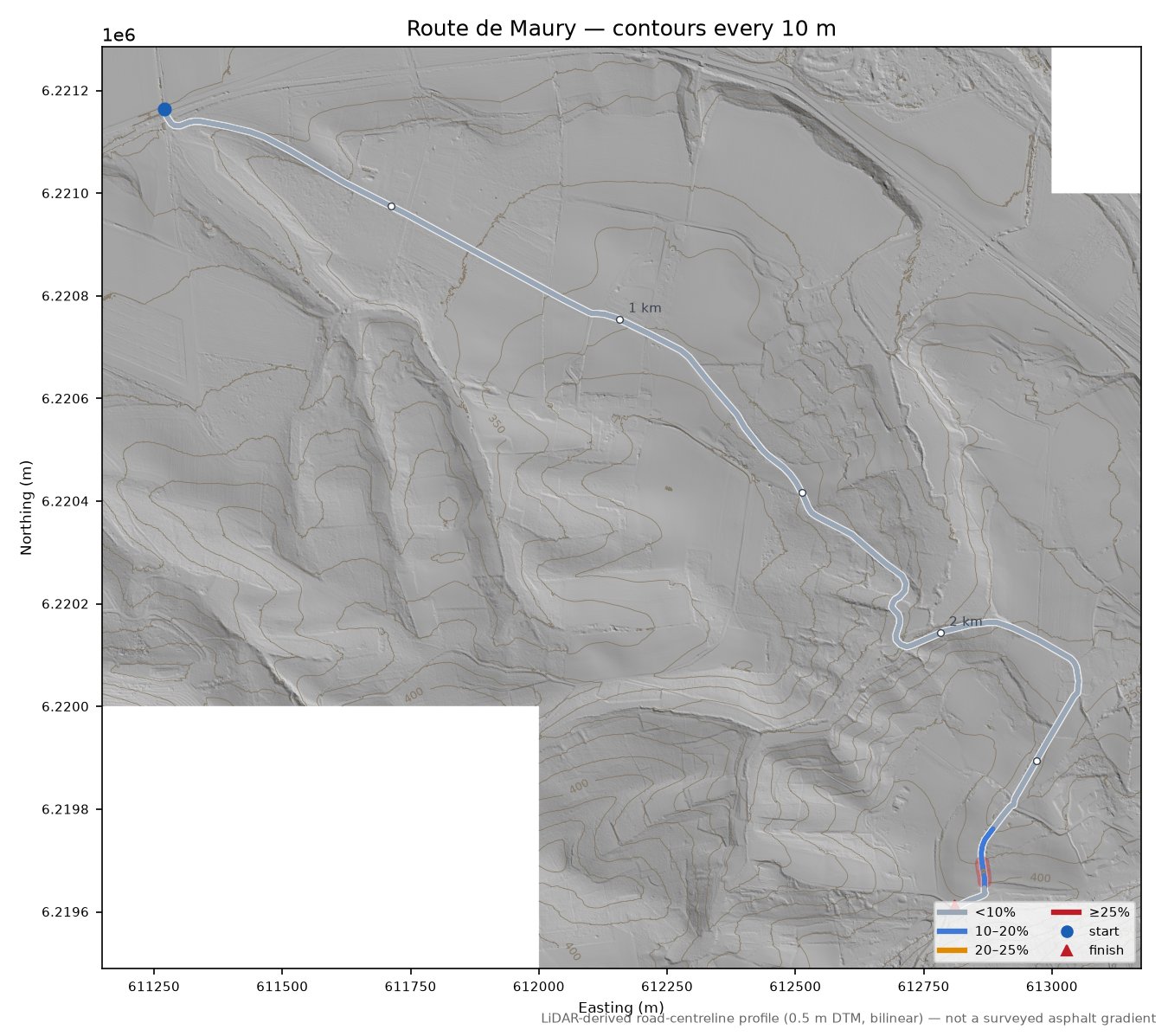 Route de Maury LiDAR hillshade map with contours