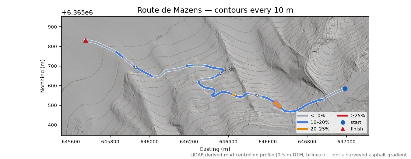 Route de Mazens LiDAR hillshade map with contours