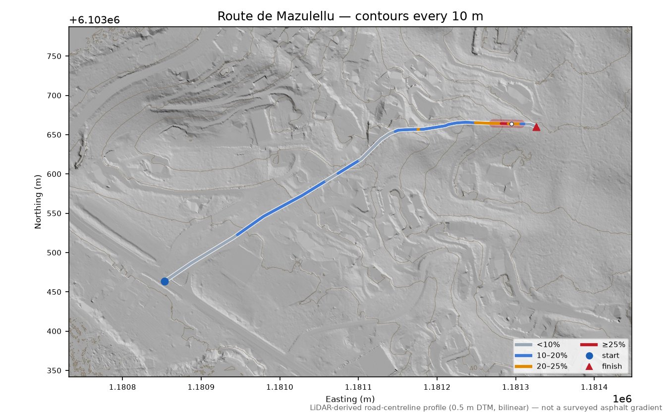 Route de Mazulellu LiDAR hillshade map with contours