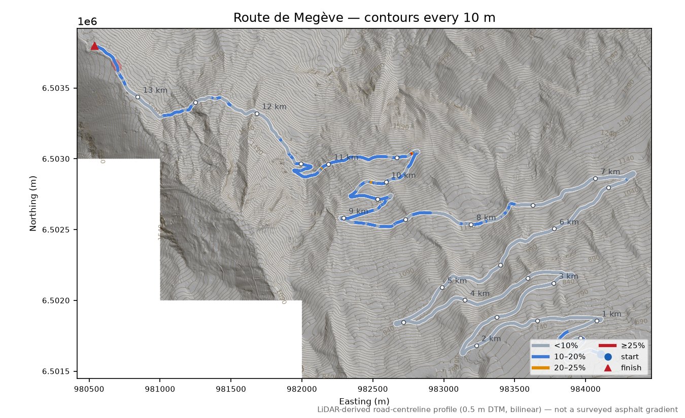 Route de Megève LiDAR hillshade map with contours