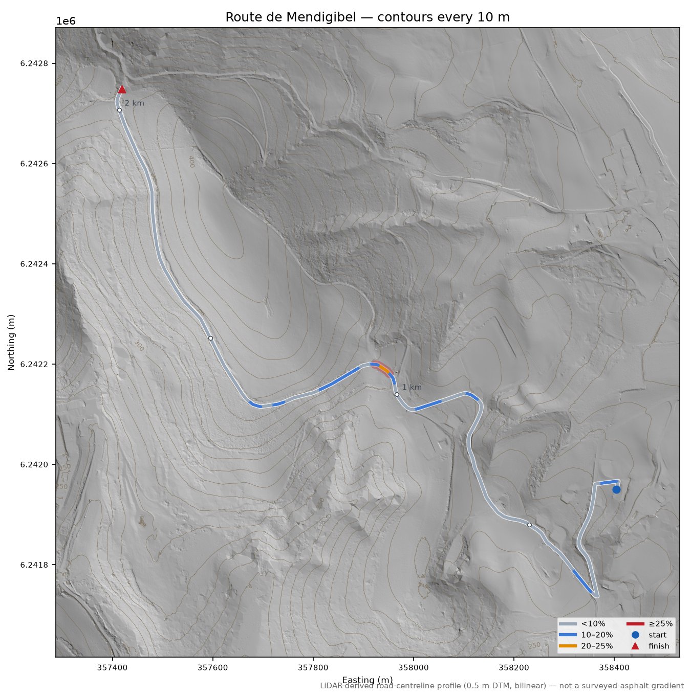 Route de Mendigibel LiDAR hillshade map with contours