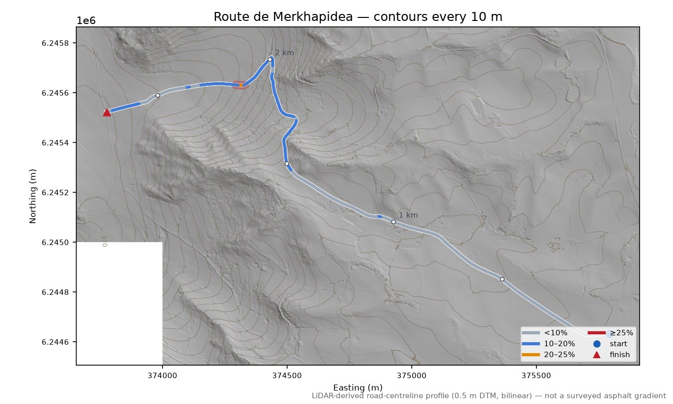 Route de Merkhapidea LiDAR hillshade map with contours