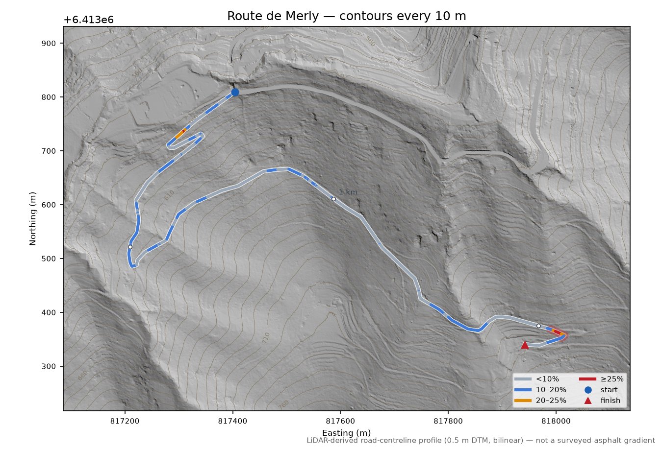 Route de Merly LiDAR hillshade map with contours