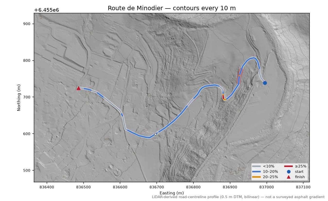 Route de Minodier LiDAR hillshade map with contours