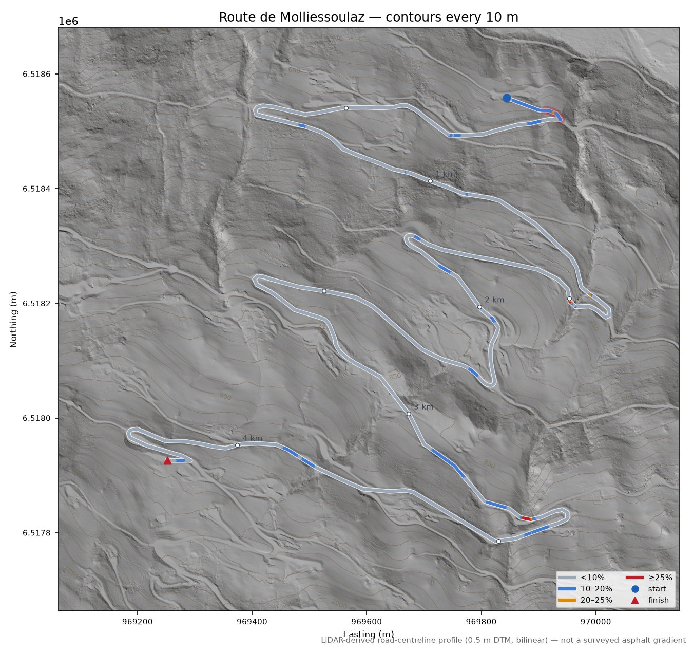 Route de Molliessoulaz LiDAR hillshade map with contours