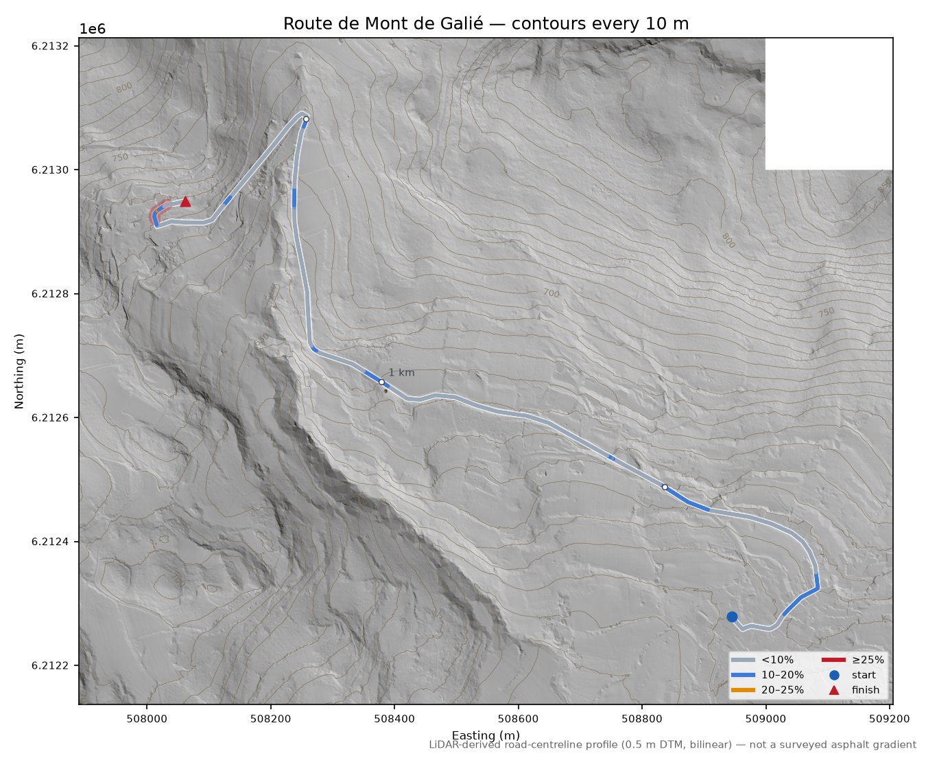 Route de Mont de Galié LiDAR hillshade map with contours