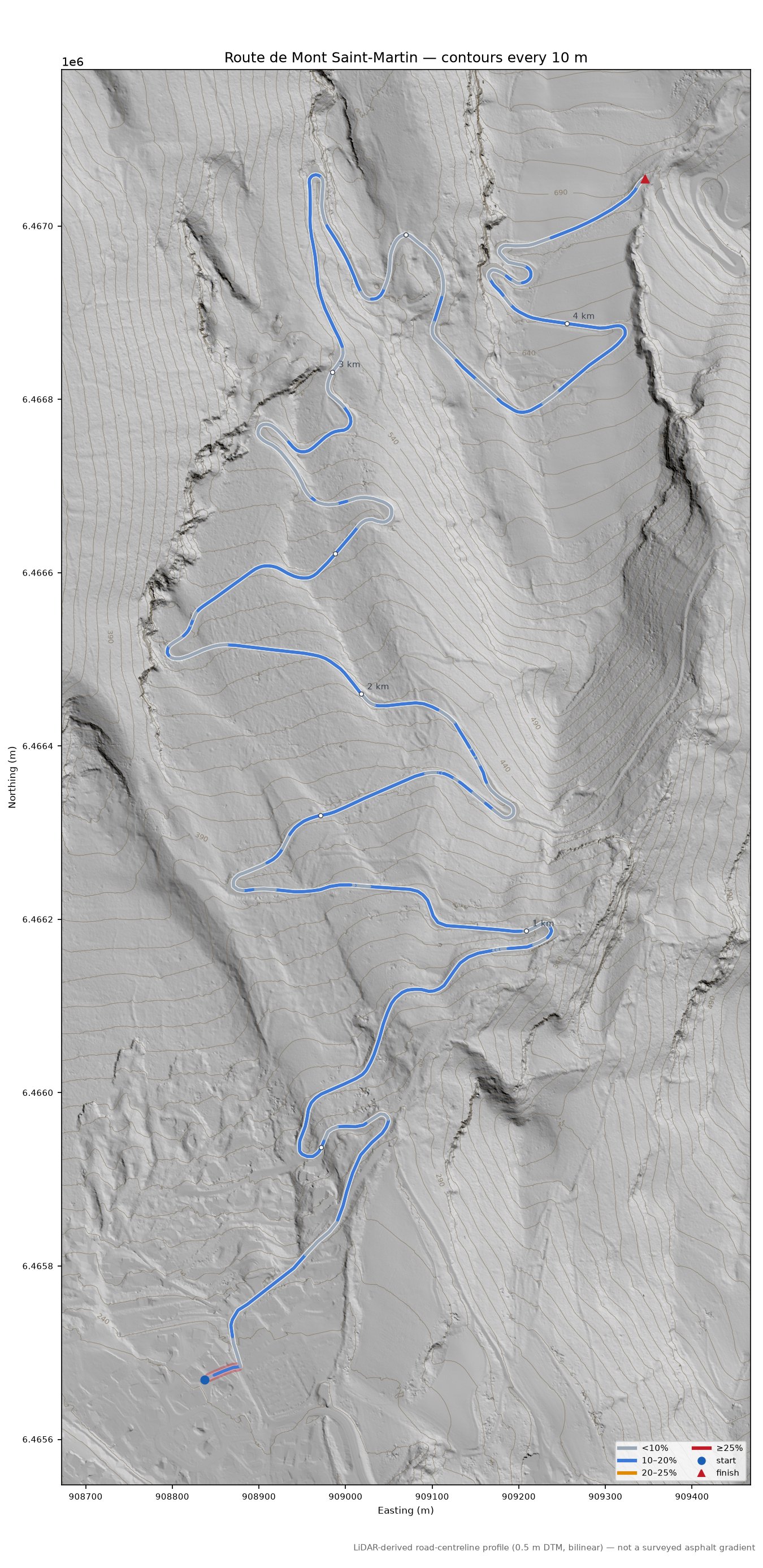 Route de Mont Saint-Martin LiDAR hillshade map with contours