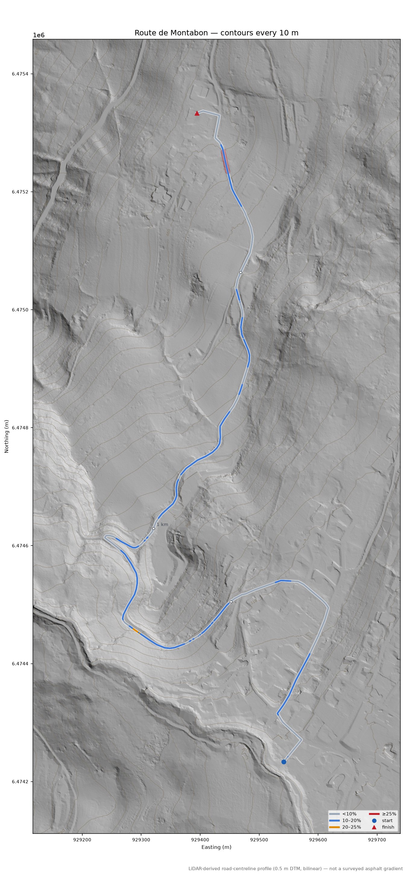 Route de Montabon LiDAR hillshade map with contours