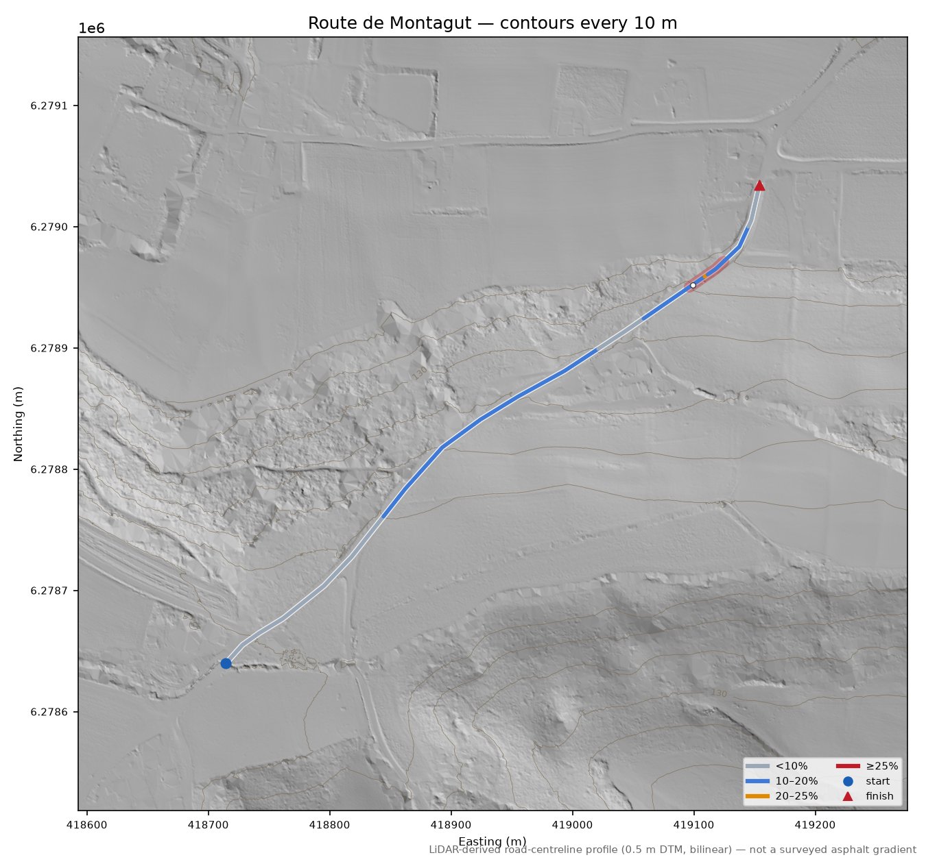 Route de Montagut LiDAR hillshade map with contours