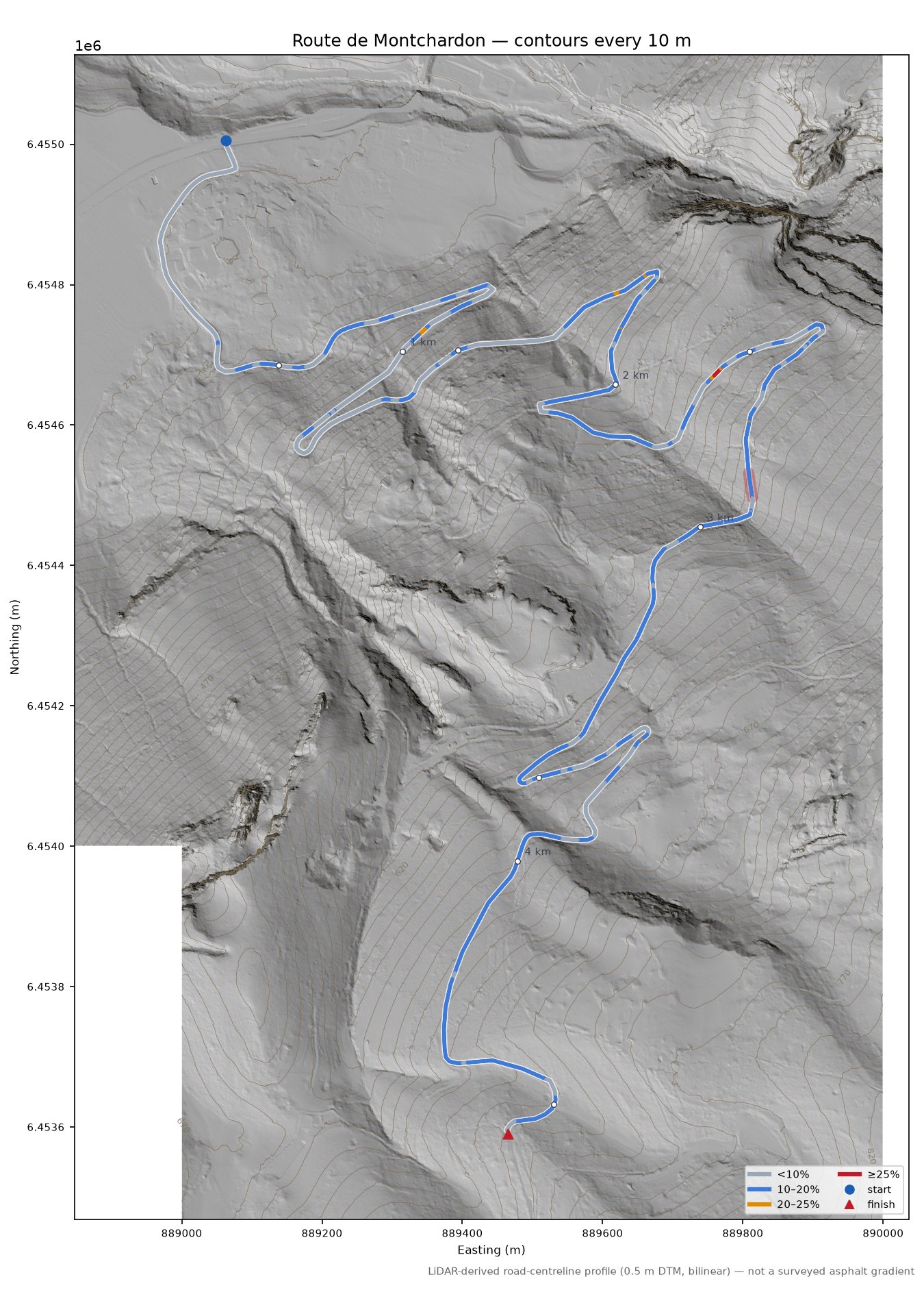 Route de Montchardon LiDAR hillshade map with contours