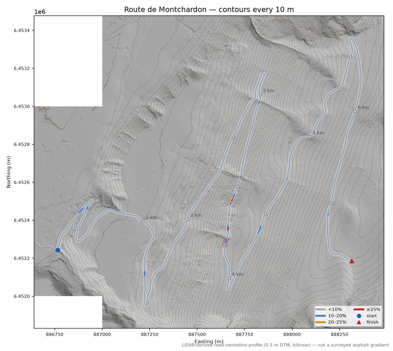 Route de Montchardon LiDAR hillshade map with contours