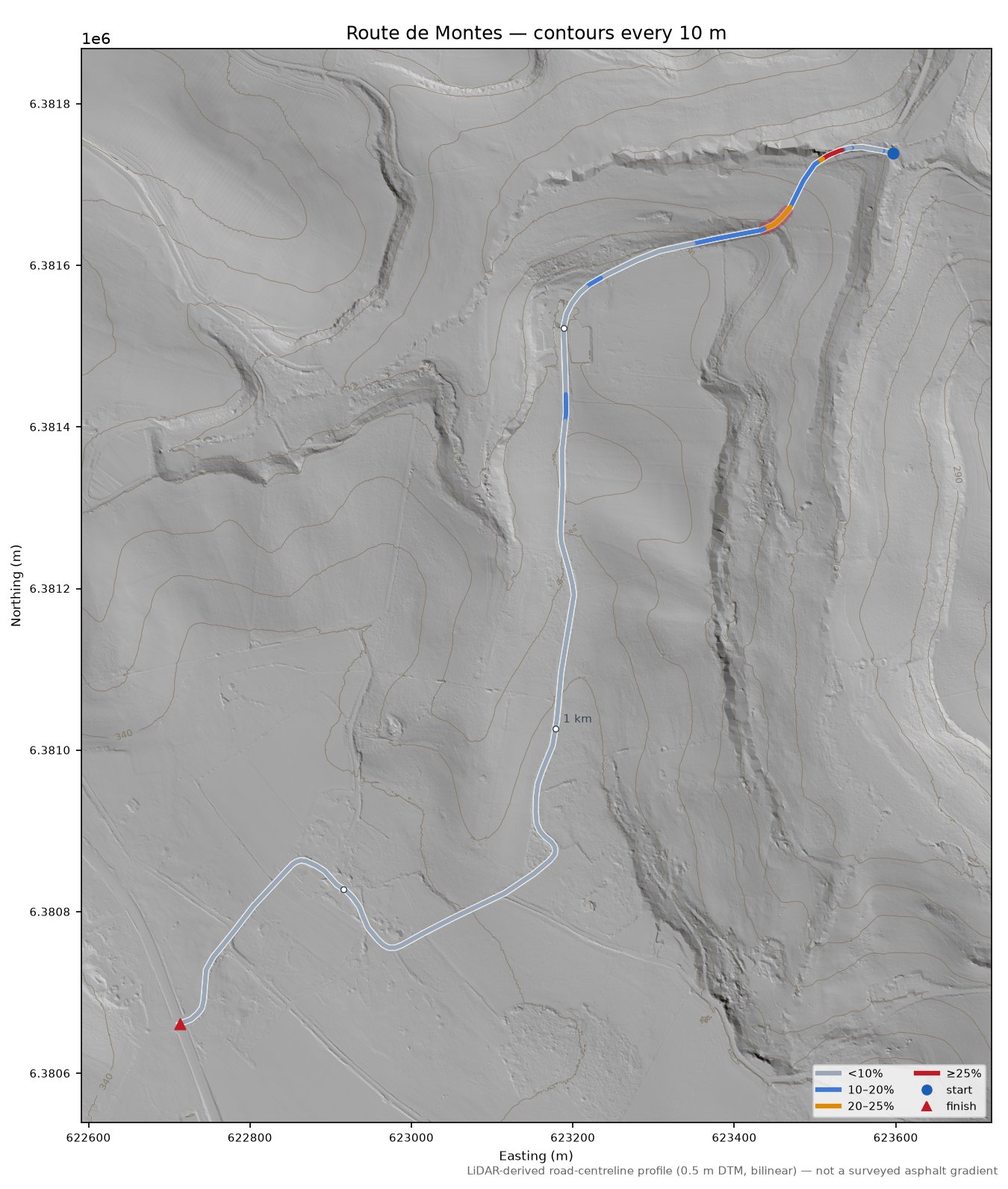 Route de Montes LiDAR hillshade map with contours