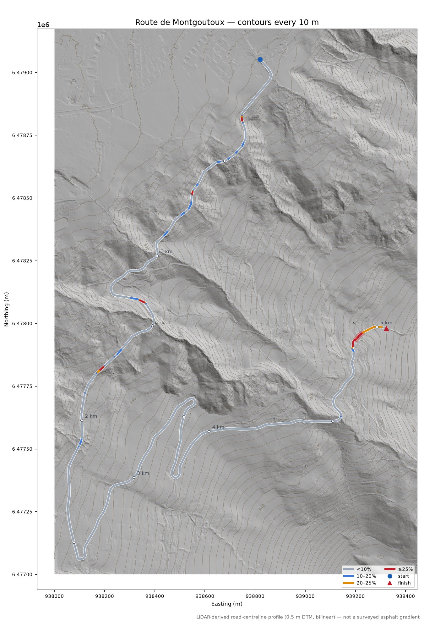 Route de Montgoutoux LiDAR hillshade map with contours