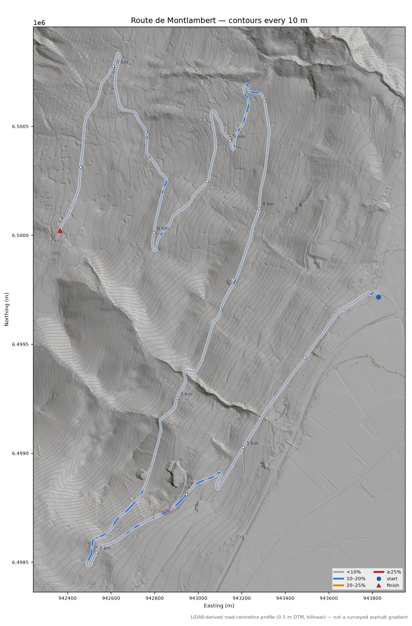 Route de Montlambert LiDAR hillshade map with contours