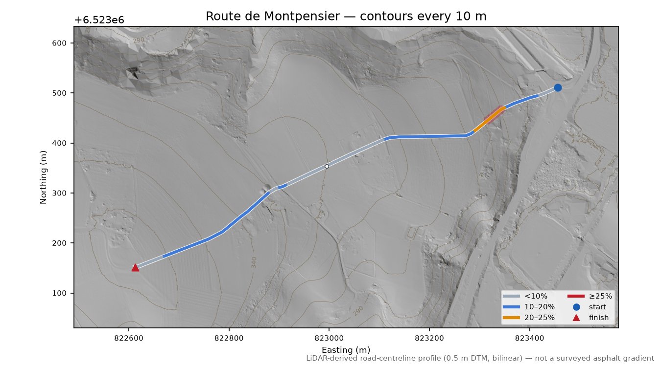 Route de Montpensier LiDAR hillshade map with contours
