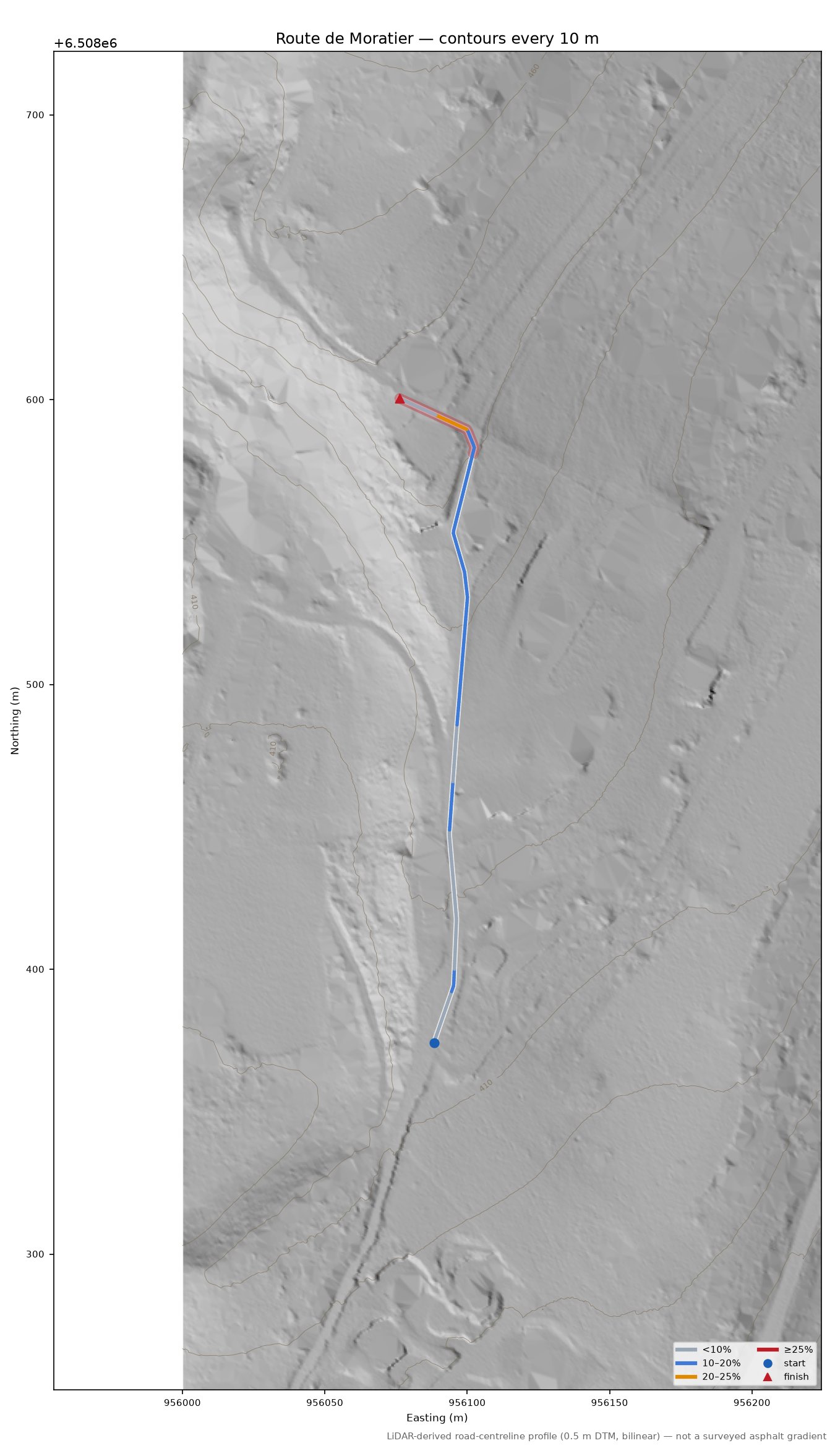 Route de Moratier LiDAR hillshade map with contours