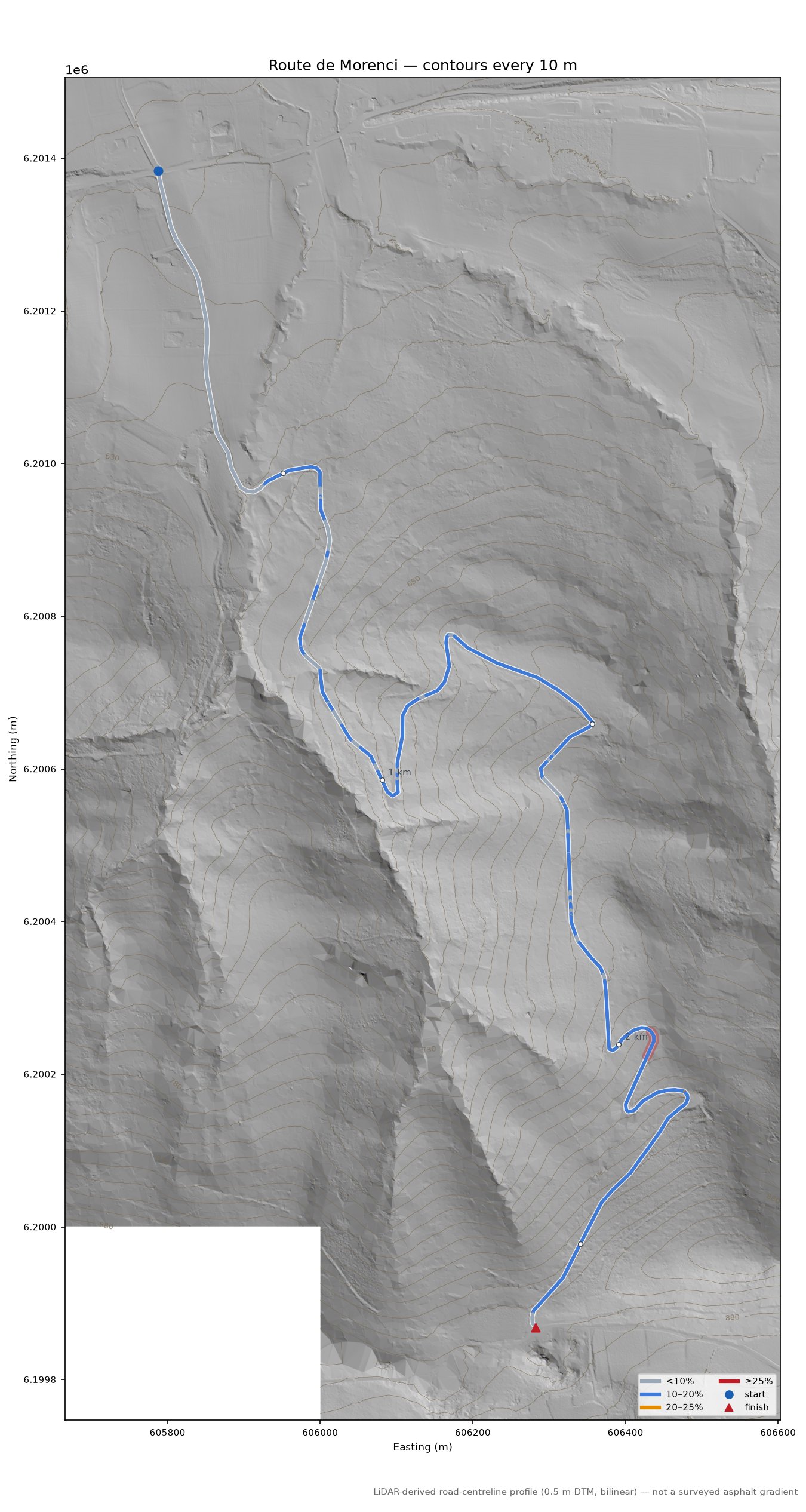 Route de Morenci LiDAR hillshade map with contours