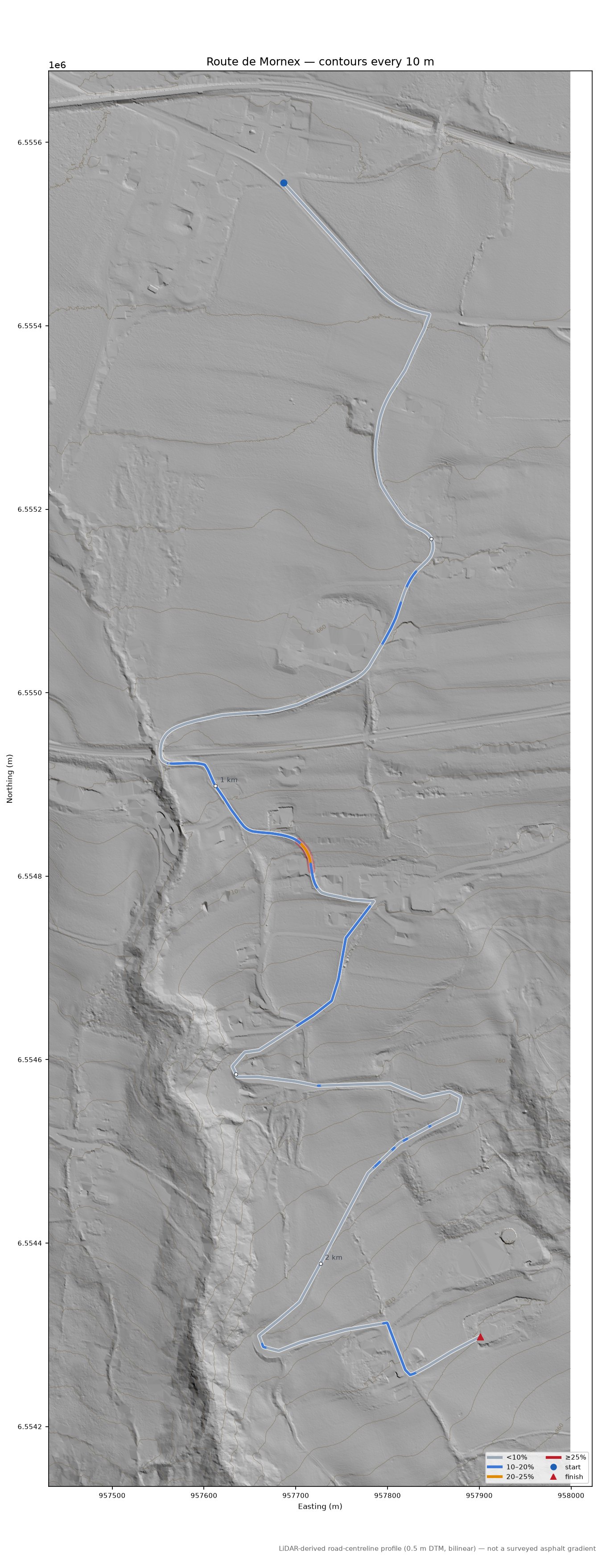 Route de Mornex LiDAR hillshade map with contours