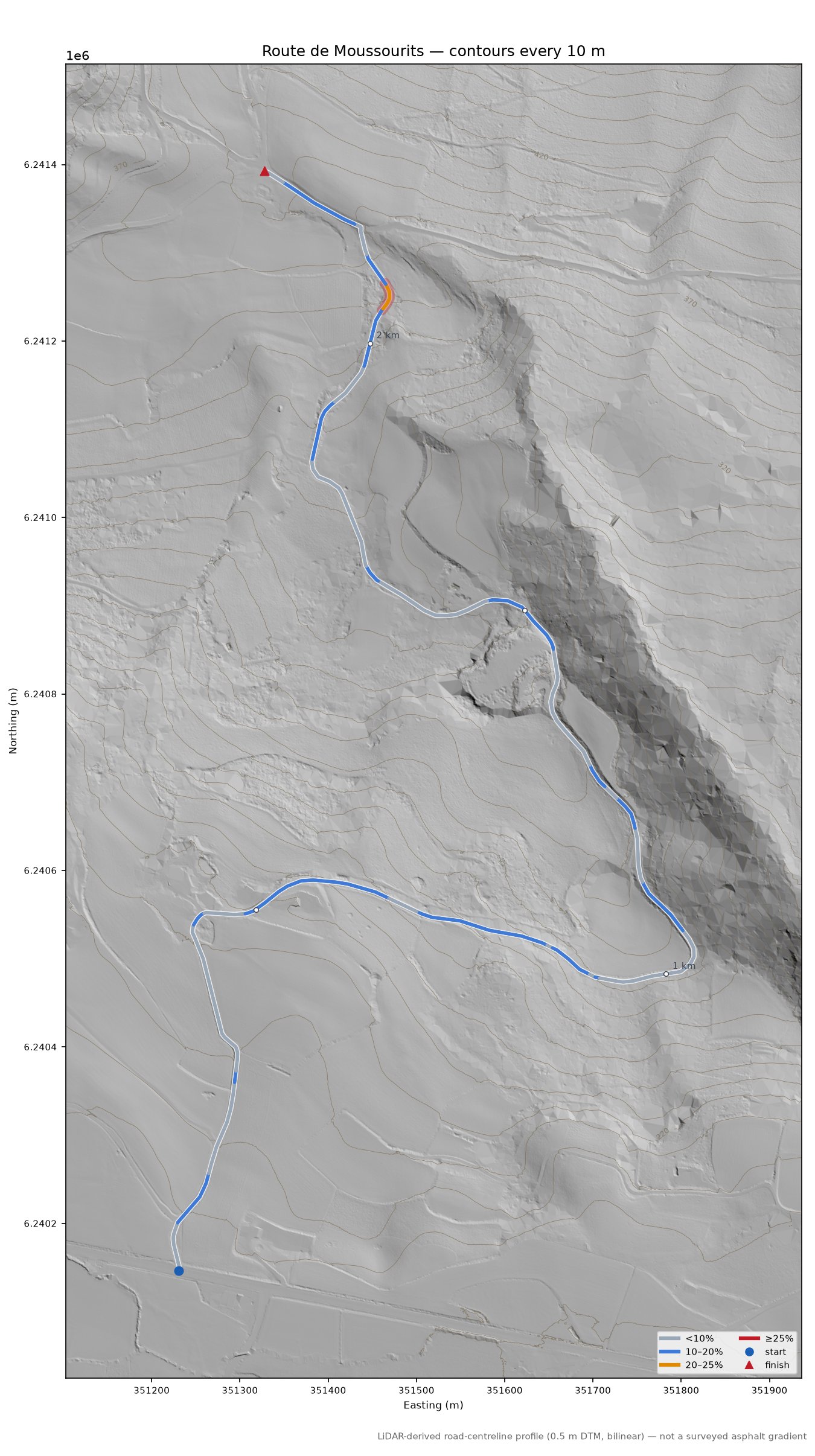 Route de Moussourits LiDAR hillshade map with contours