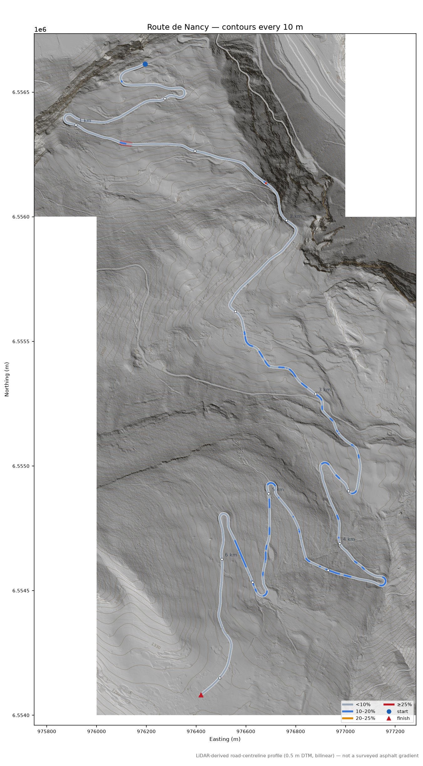 Route de Nancy LiDAR hillshade map with contours