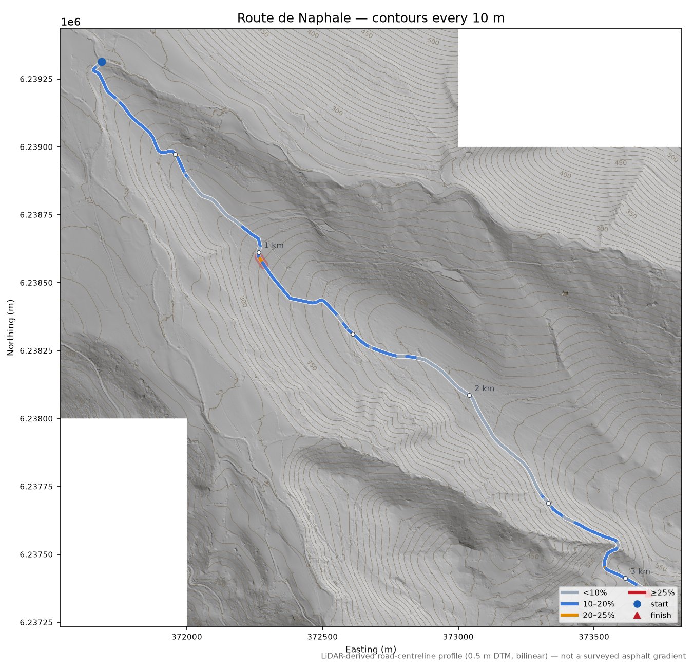 Route de Naphale LiDAR hillshade map with contours