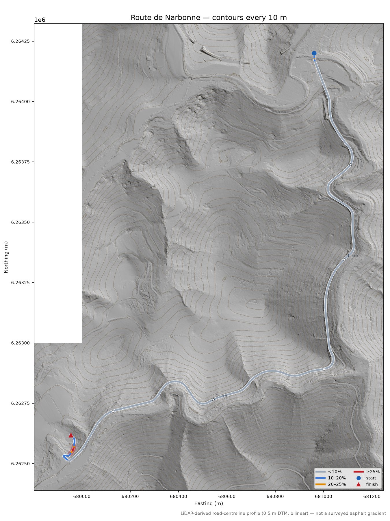 Route de Narbonne LiDAR hillshade map with contours