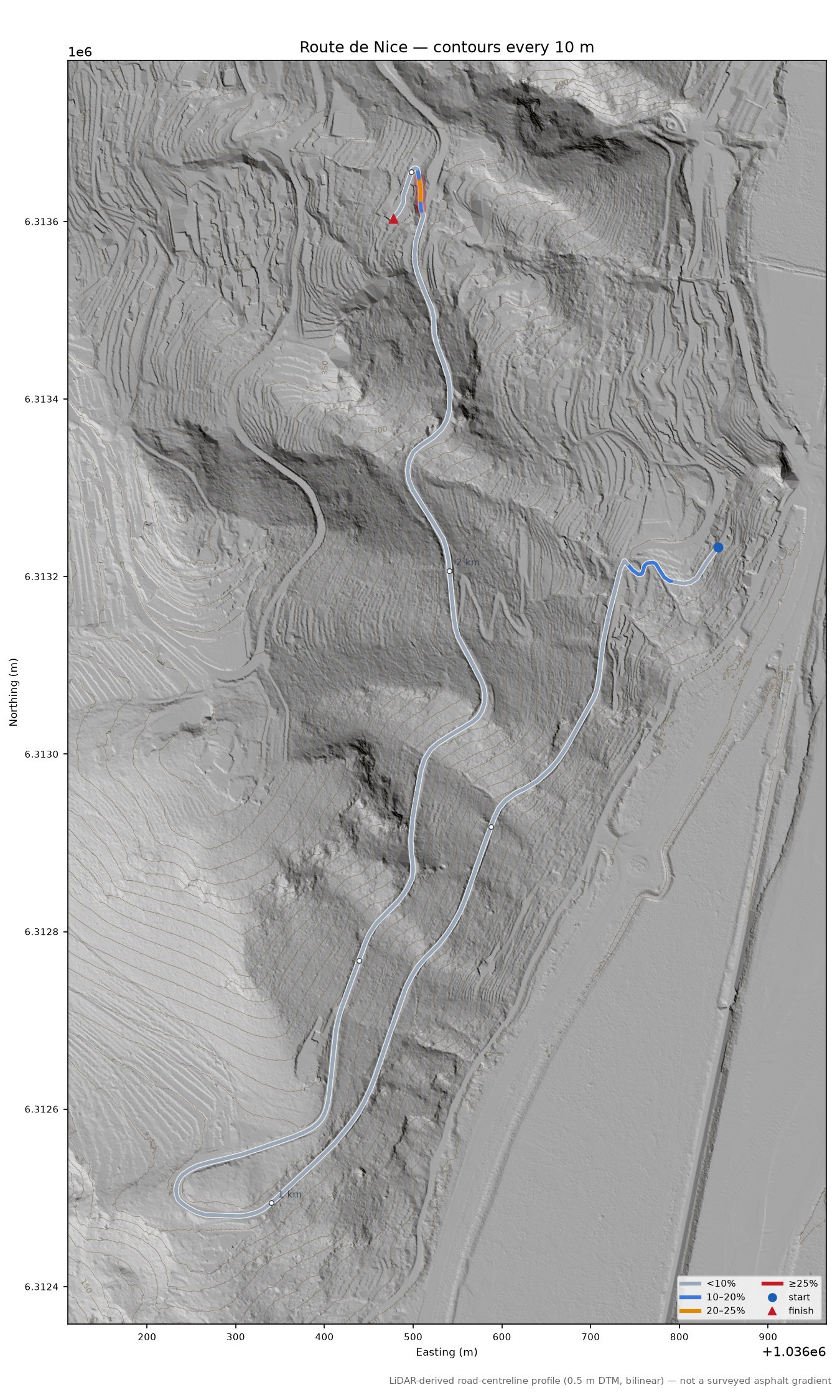 Route de Nice LiDAR hillshade map with contours