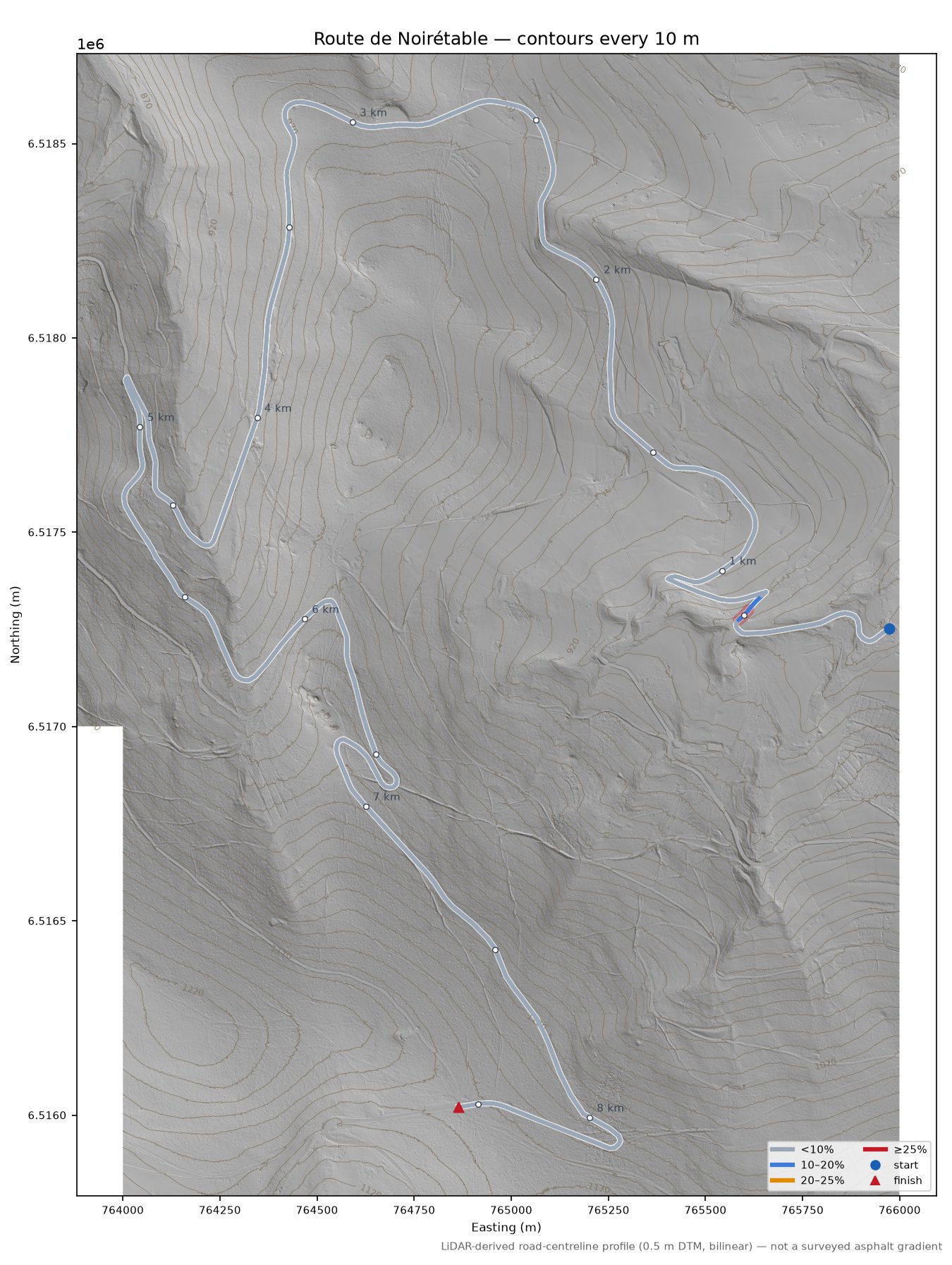 Route de Noirétable LiDAR hillshade map with contours