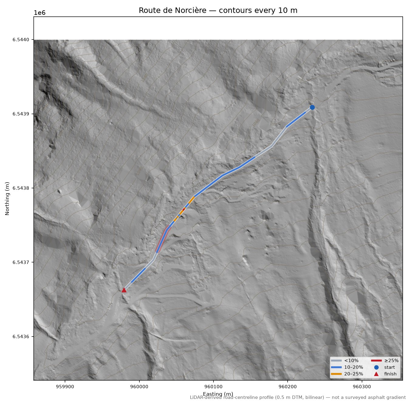 Route de Norcière LiDAR hillshade map with contours