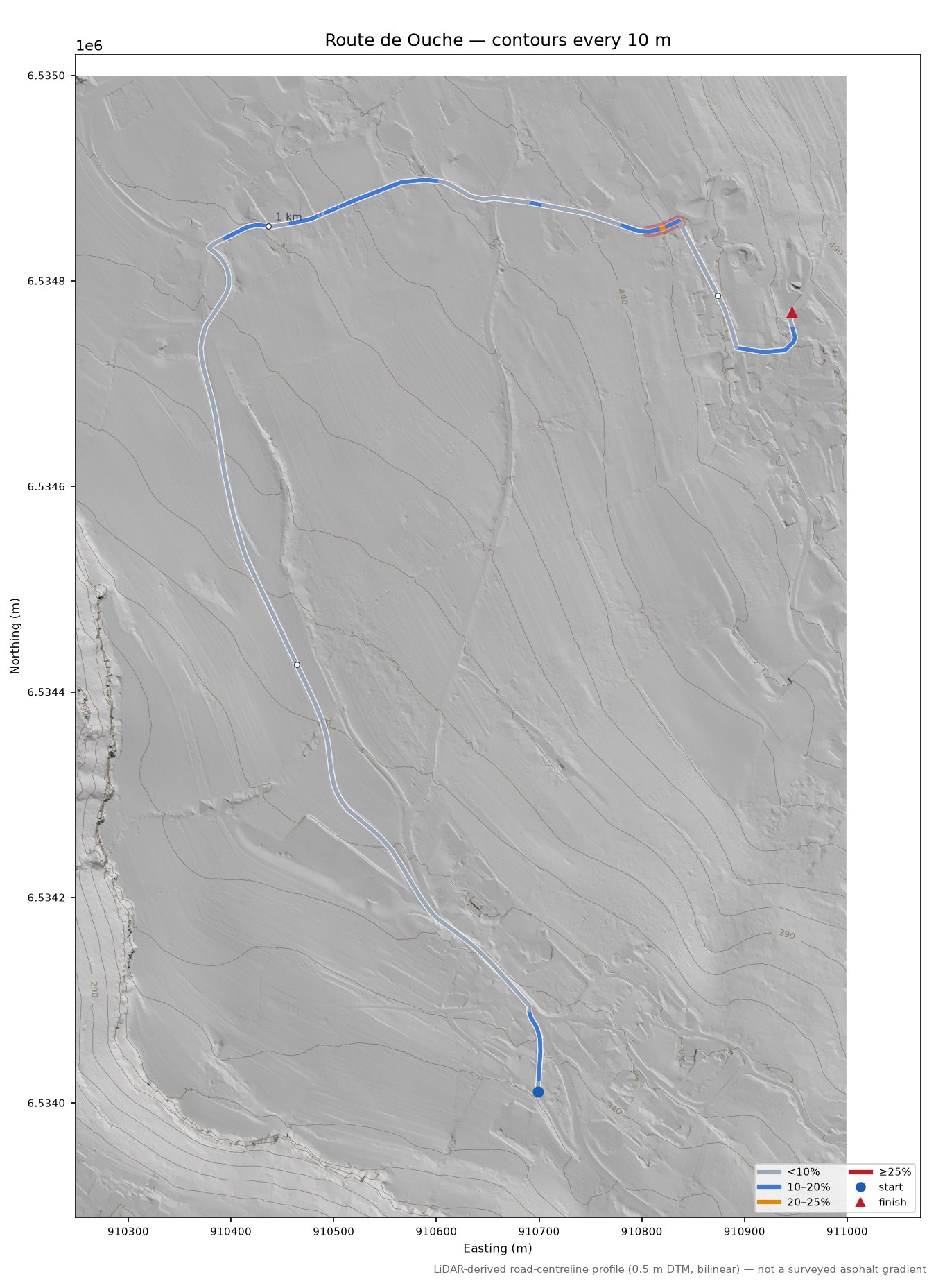 Route de Ouche LiDAR hillshade map with contours