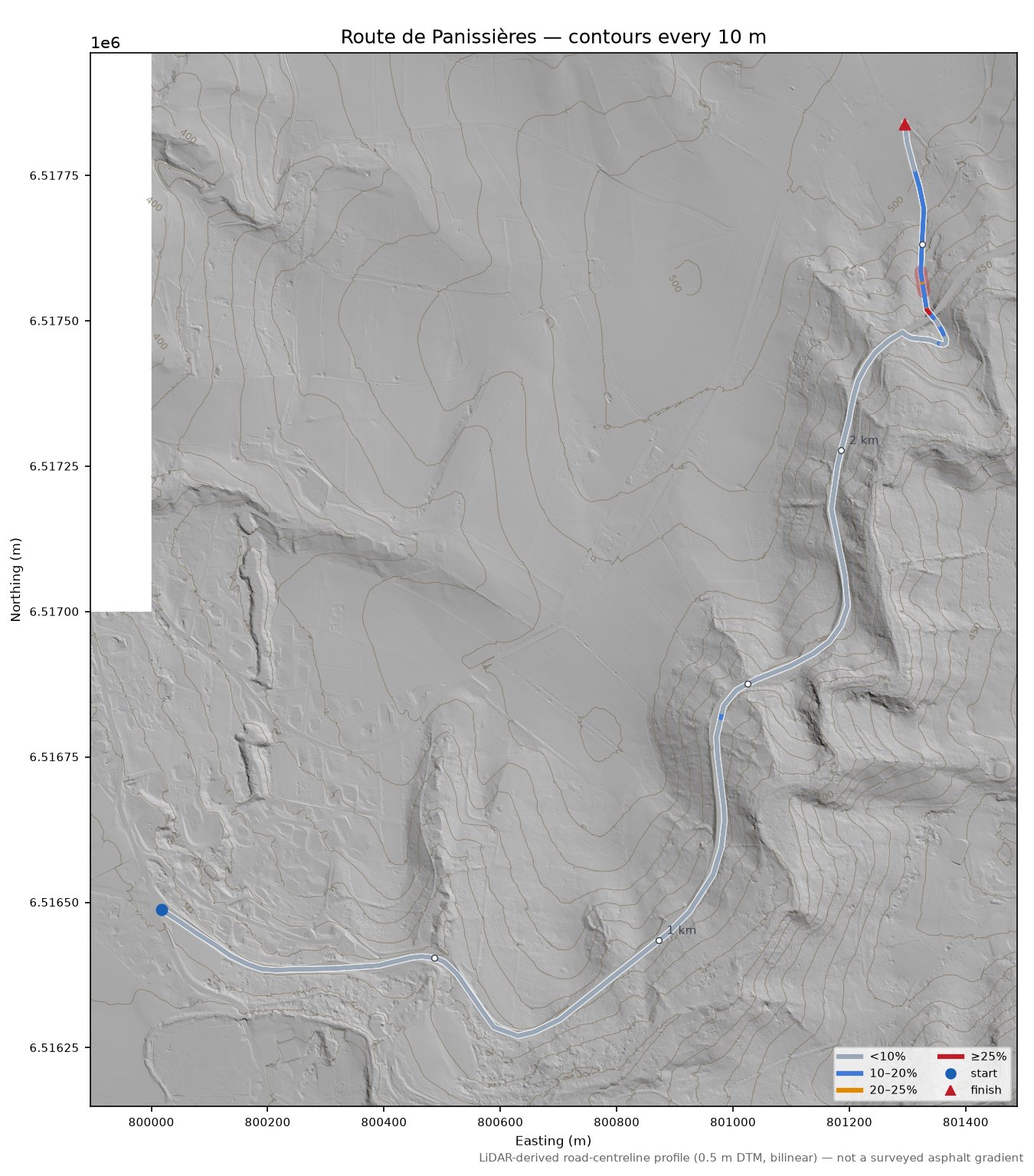 Route de Panissières LiDAR hillshade map with contours