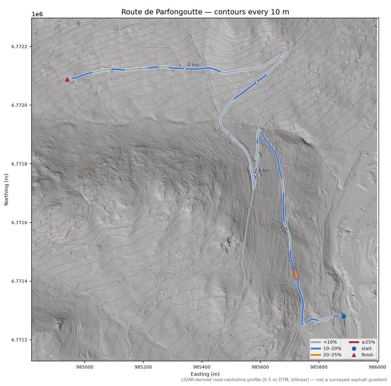 Route de Parfongoutte LiDAR hillshade map with contours