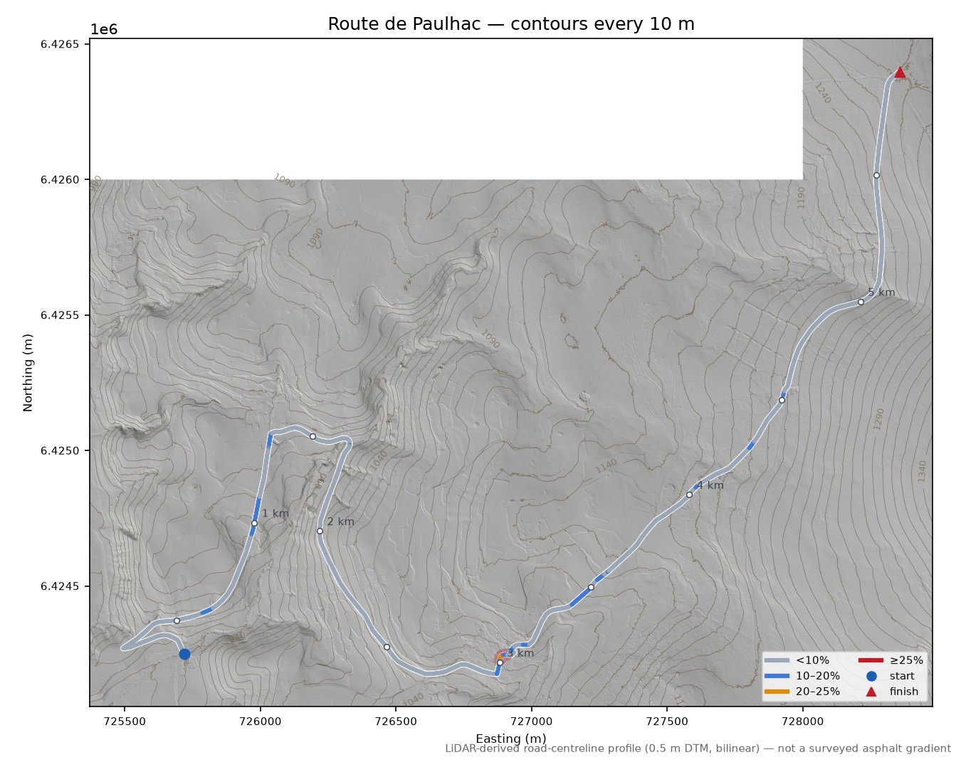 Route de Paulhac LiDAR hillshade map with contours